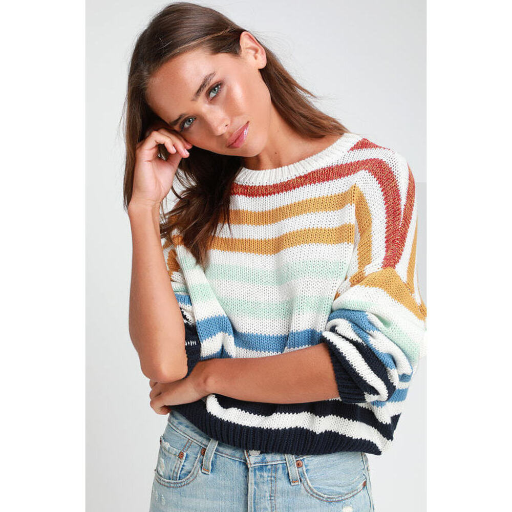 Lulus Charli Blue Multi Striped Knit Sweater - Size M